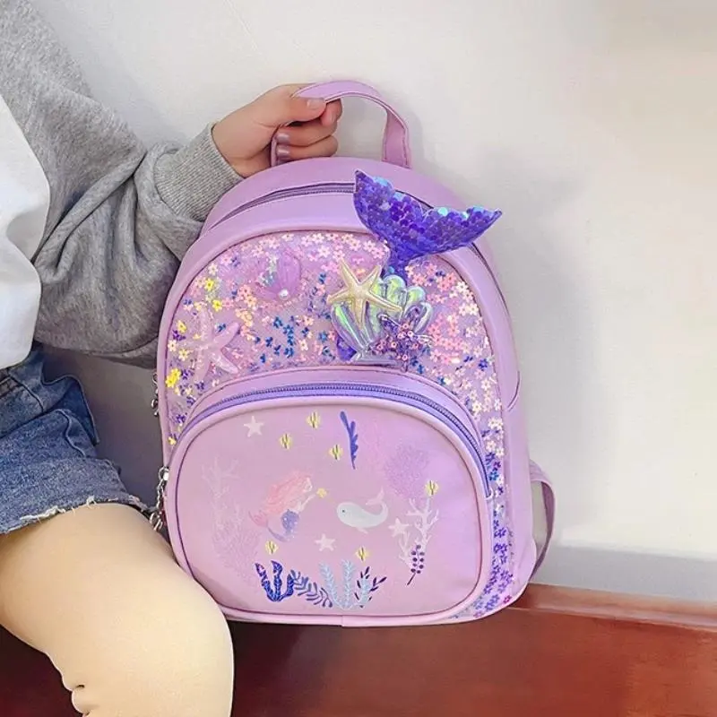 Women's Sequined Surface Cartoon Print Backpack - All Seasons Casual PU Leather Kindergarten Schoolbag for Baby Girls, 12cm Thickness, 22cm Width, Lightweight Handbag, Cute, 24Cm Height