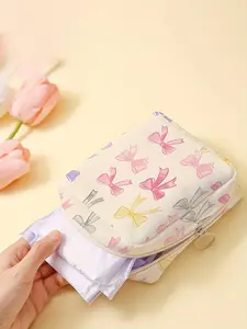 Random Color Bow Pattern Makeup Bag, Portable Sanitary Napkin Storage Bag, Lightweight Tissue Bag for Women's Products, Travel Cosmetics Storage Box, Cosmetic Pouch, Makeup Organizer Pouch