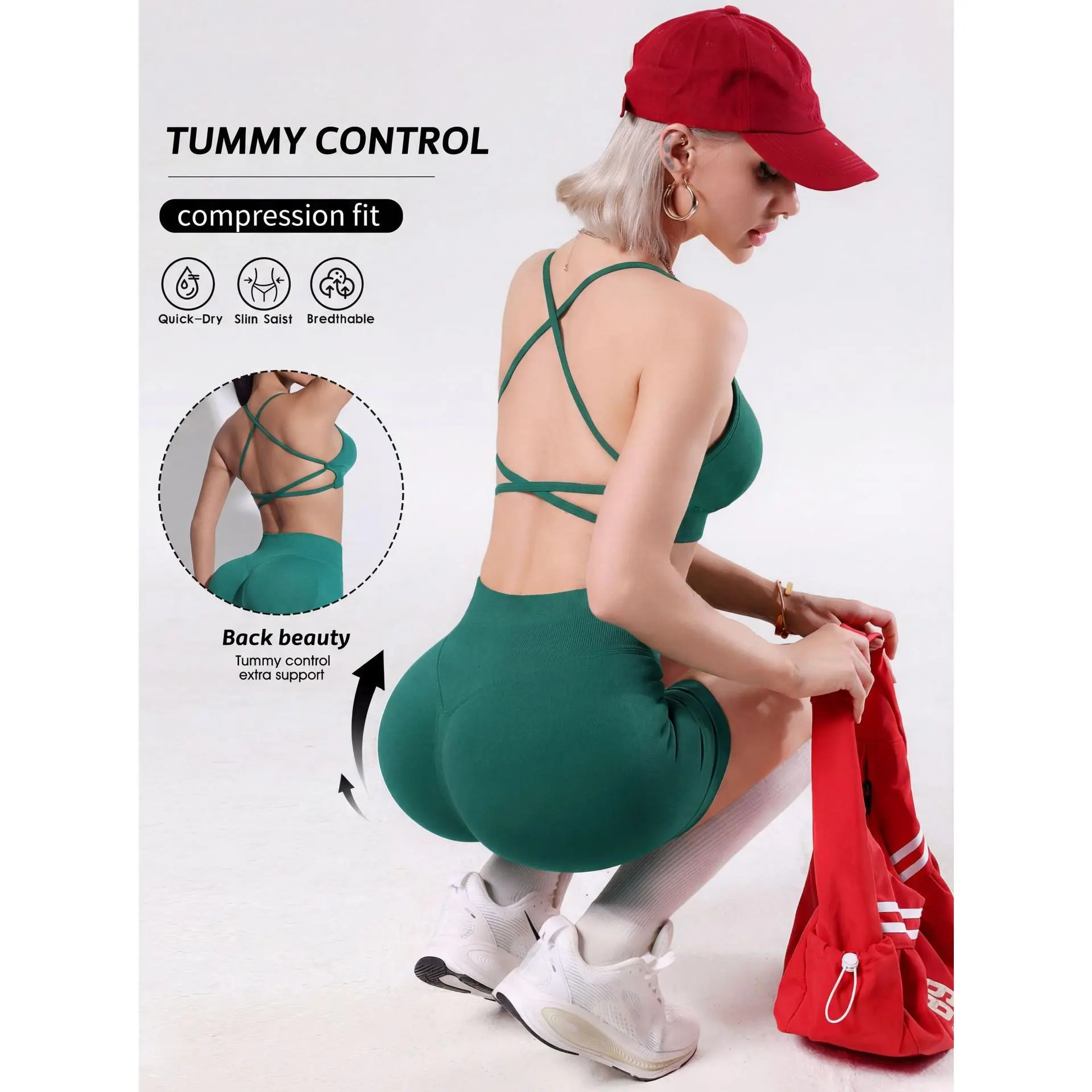 B bra + shorts (dark green)