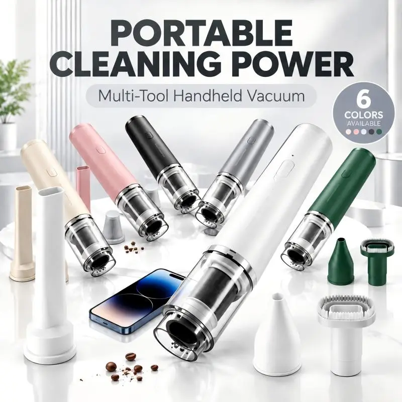 Cordless handheld vacuum cleaner, 5-in-1 portable mini car vacuum with powerful suction; lightweight compact design for home, office, and pet hair—ideal for deep crevice cleaning with LED light; multifunctional cleaning set.