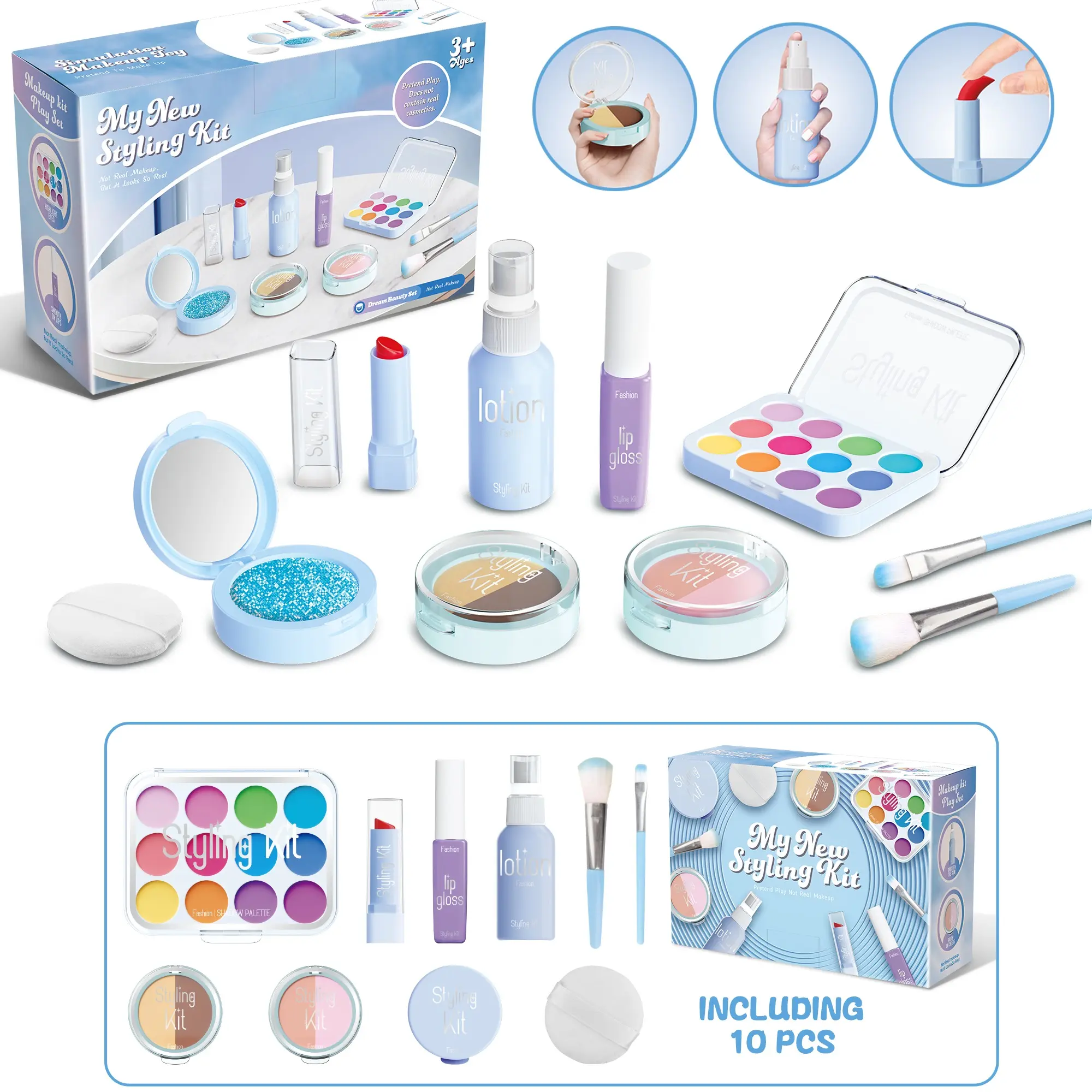 10-Piece Realistic Makeup Pretend Play Set Toy for Girls, Includes Eyeshadow Palette & Brushes, Safe Non-Toxic Playhouse Gift for Kids Aged 3+, for Kids Vanity Playset