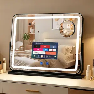 Vanity Mirror with 10.1" Touch Screen Black, 24"×20" Makeup Mirror with Lights & TV, Display Mirror with Android OS, Wifi/Bluetooth/Usb, 3-Color LED Lights, for Vanity Desk,Bedroom Black YOURYOKE