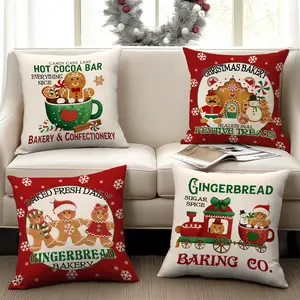 4pcs Christmas Pillow Cover, Merry Christmas Baking House Printed Cushion Cover, 18x18 inches, Gingerbread Man Gingerbread Train Pattern Pillow Cover, Winter Festival Decoration Home Sofa Cushion Cover, Christmas Decoration (without Pillow Core)
