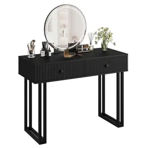 Modern Compact Vanity Table with HD Illuminated Round Mirror – 2 Spacious Drawers – 3 Adjustable Light Colors & Brightness – Ideal Makeup Desk for Bedroom and Small Spaces Black or White