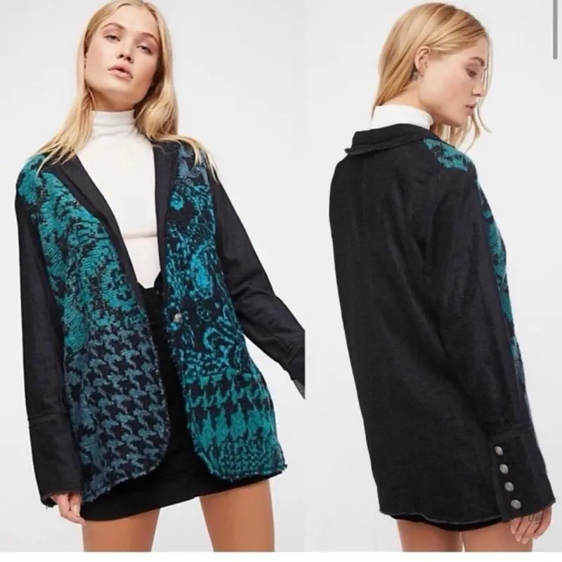 Free People Black and Blue Houndstooth Blazer Sz XS