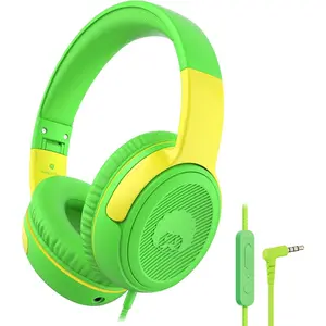 Share 1  Headphones Wired with Microphone & Share Port, 85dB/94dB Volume Limited, Cute Foldable Student  Boys Girls Headphones for School/Classroom/Travel Green/Yellow