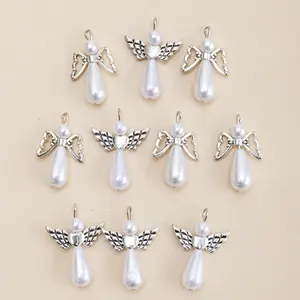 20Pcs Mixed Colors Angel Heart Charms Wing Pendants imitation Pearl Beads Lovely Charm for DIY Necklace Jewelry Accessories