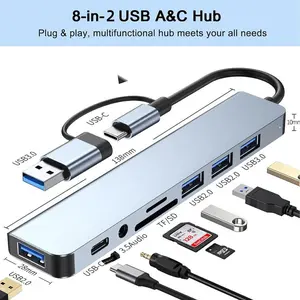 8-in-1 USB C HUB, USB Splitter, USB Expander with 4 USB Ports, 1 USB C TF/SD Card Reader, 3.5mm Audio Output, Compatible with Macbook Pro/iPad Pro/HP Laptops