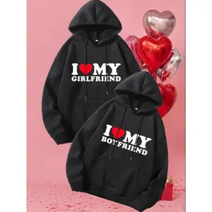 Couple's Heart & Letter Print Drop Shoulder Hoodie | Casual Drawstring Pocket Sweatshirt | Trendy 2024 Couple Clothing for Fall & Winter!