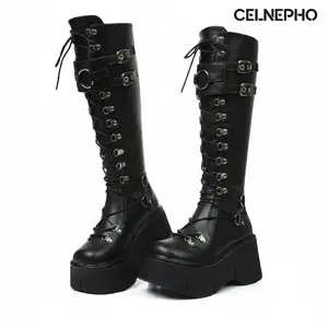CELNEPHO Goth Boots for Women Lace up Design Back Zipper Closure Metalic Buckle Easy Pull on Knee High Punk Boot Combat Platform Booties Everyday Wear Rave Boots Cosplay Music Festival Fashion Dress Shoes