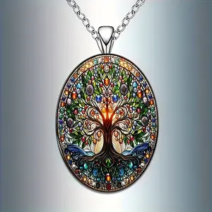 Vintage Tree of Life Stained Glass Oval Pendant Necklace - Zinc Alloy Back, Glass Surface Amulet Jewelry, Unisex Spiritual Party Gift for Daily Wear Birthday Holiday