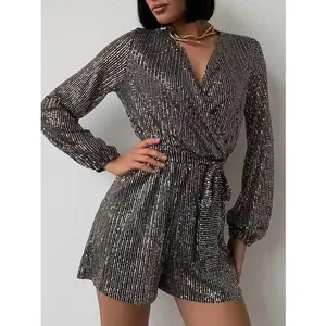 Full Size Sequin Surplice Tie Waist Long Sleeve Romper