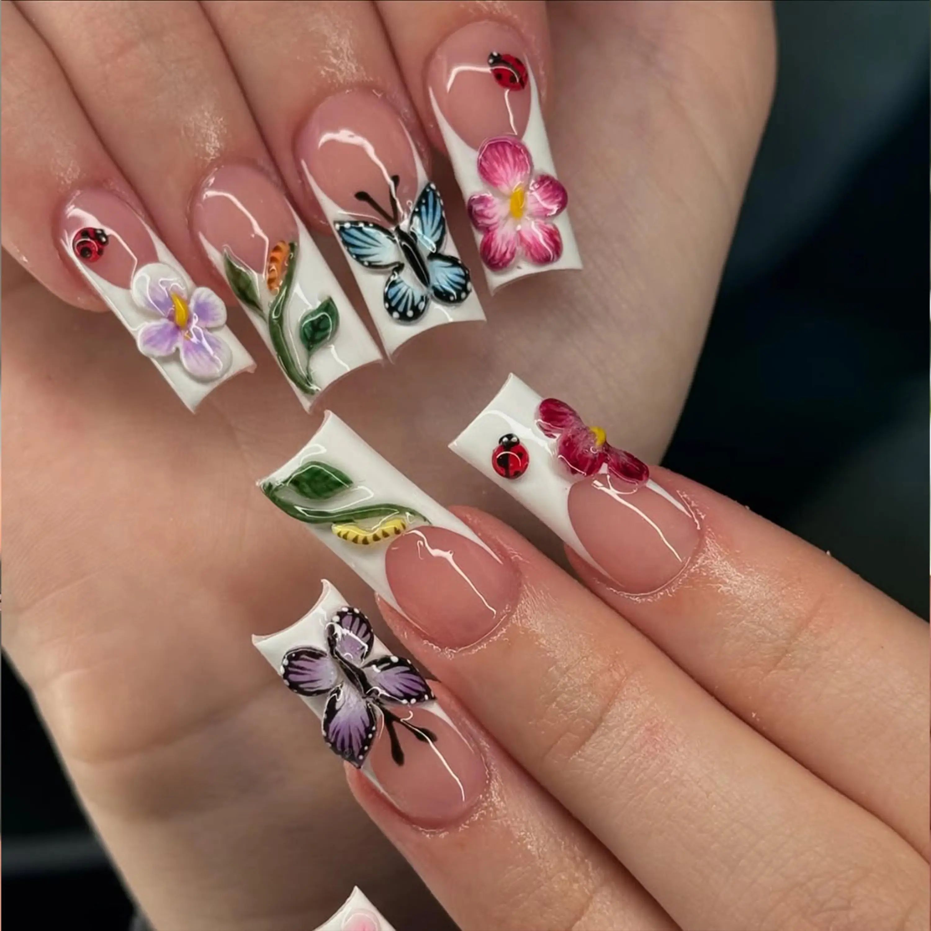 Nail Karma - Butterfly Garden Press On Nails | 3D Floral French Tips | Cute Ladybug & Spring Nature Nail | Handmade Garden Nail| Cottagecore Nail
