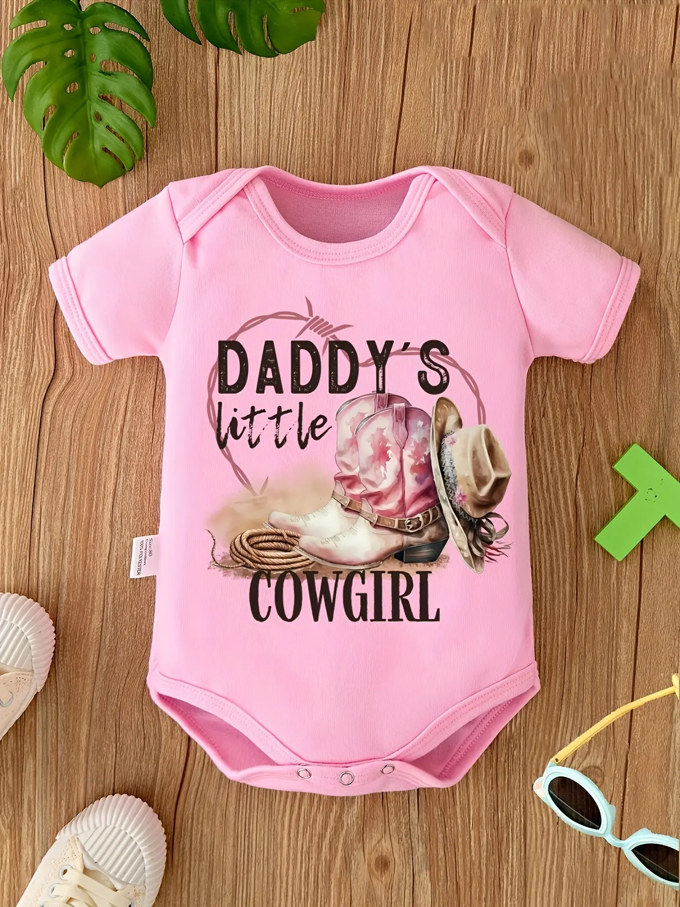 Daddy's Little Cowgirl Short‑Sleeve Baby Bodysuit, Western Cowboy Boot Hat Rope Graphic Soft Cotton Infant Onesie