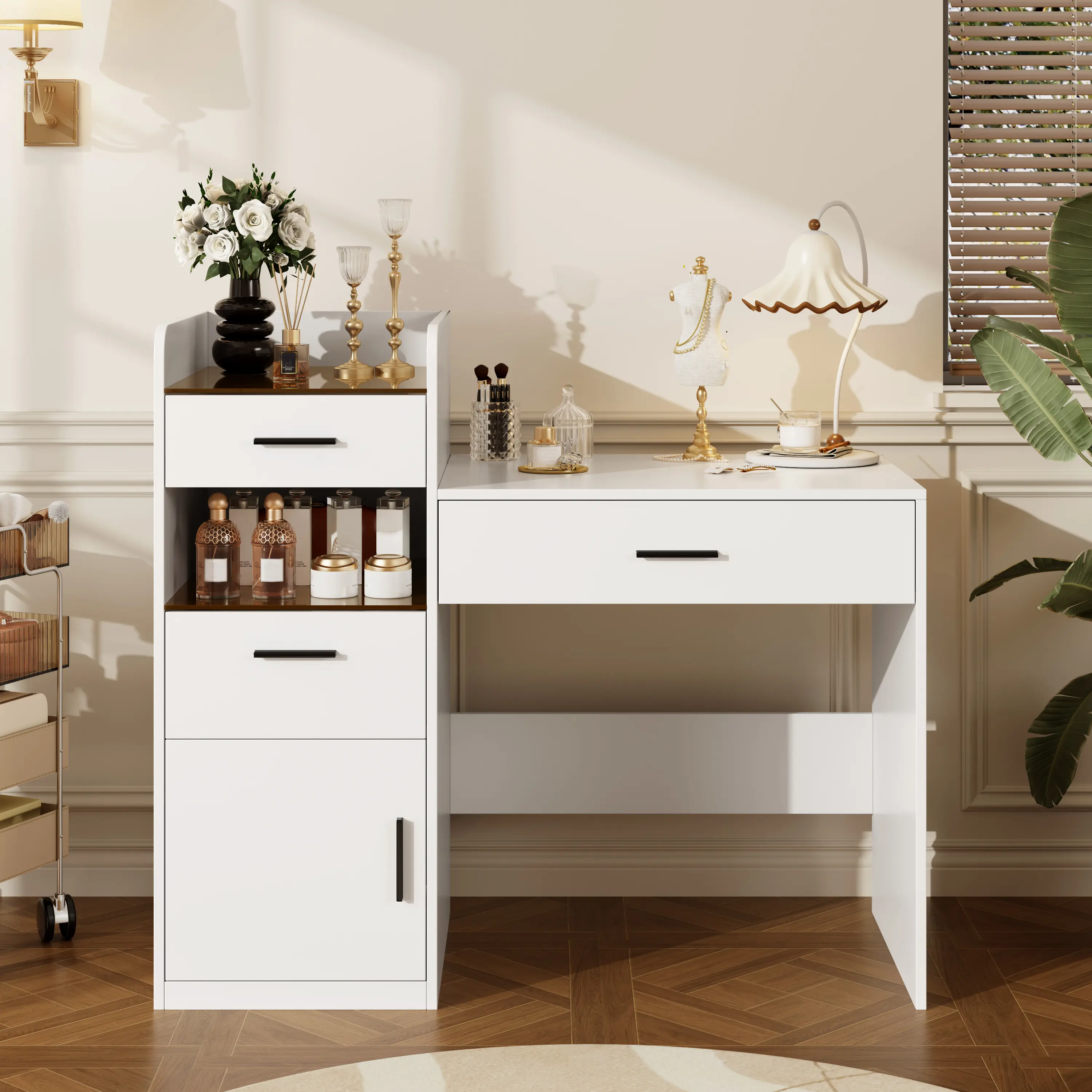 3-in-1 Vanity Desk with Flip Top Mirror & Hidden Storage, Glass Top Compact Makeup Vanity, 3 Drawers and Cabinet, Space-Saving Dressing Table for Small Bedroom， beauty dresser Vanity Desk Furniture Vanity With Mirrors