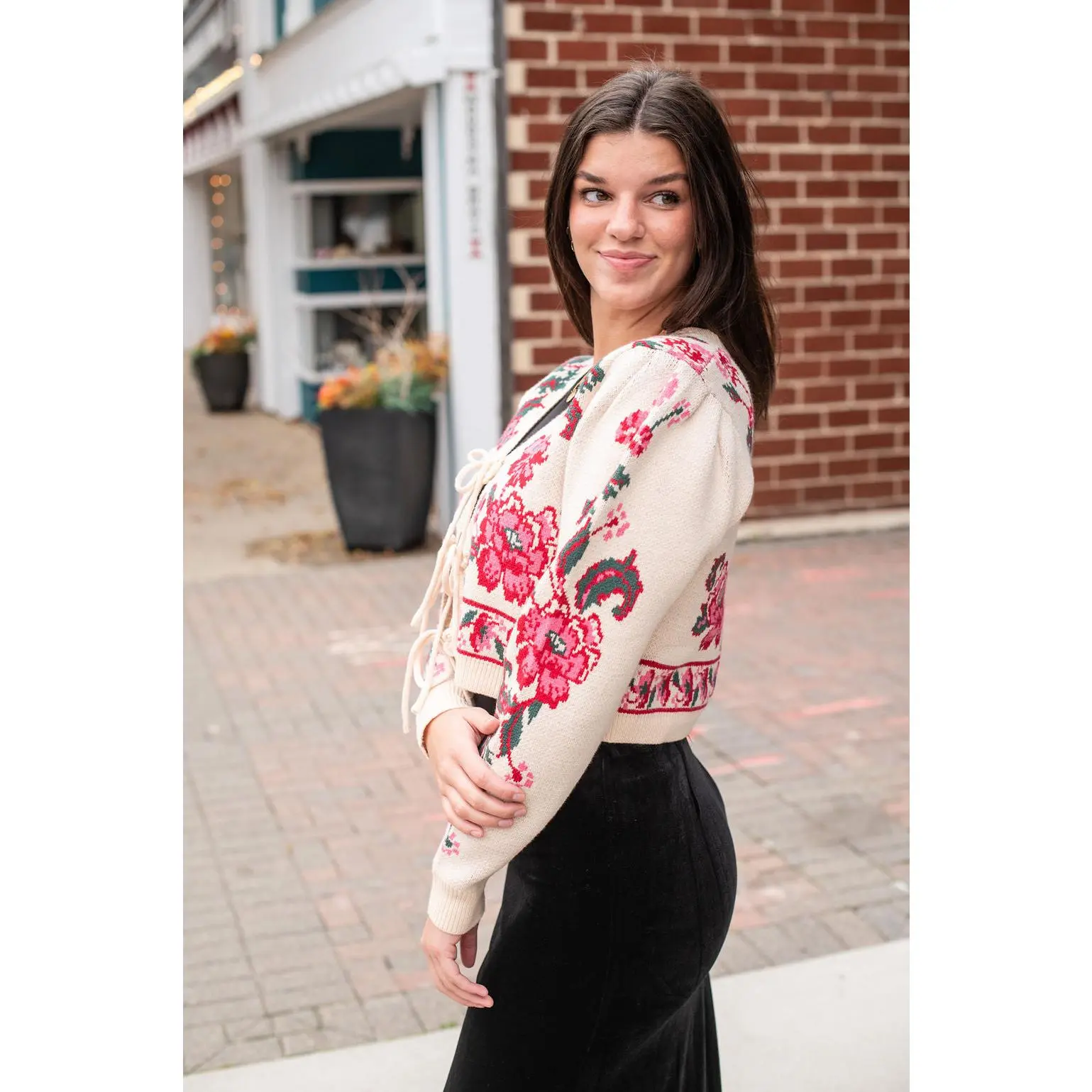 Ivory Red Floral Tie Cardigan Sweater