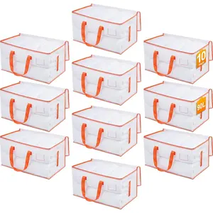Clear Moving Bags with Orange Handles, 10-Pack Duty for Clothes & Bedding, Large 27"x14"x15" (24 Gal), Foldable Transparent Organizer with Label, PP