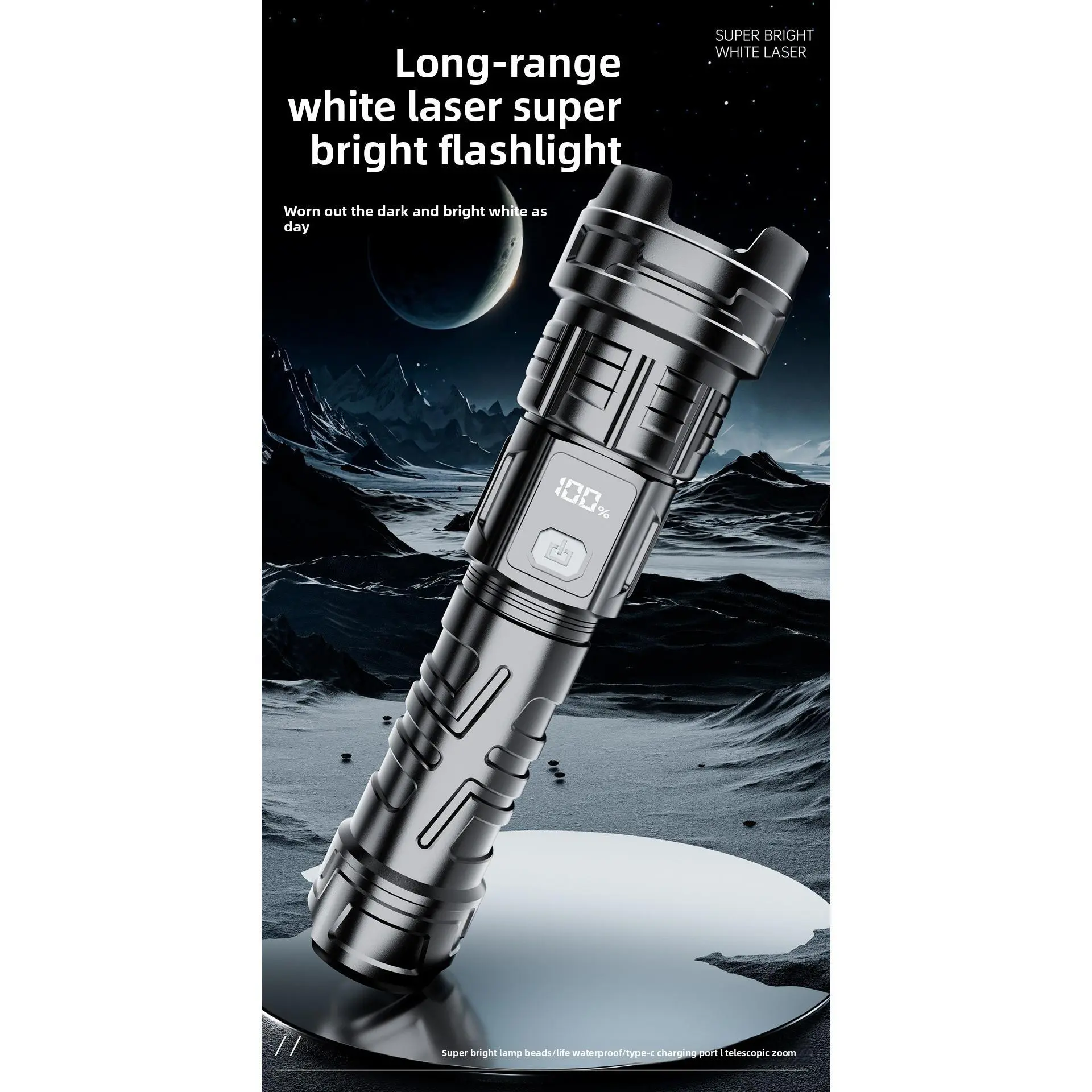 Luminous Laser Flashlight with Telescopic Focus, Ergonomic Design with 3 Adjustable Modes and Digital Power Display for Camping & Emergency Use, Adults, Hiking, Long-Range White Laser Projection, Dimmable, Extendable, One-Touch Mode Switching