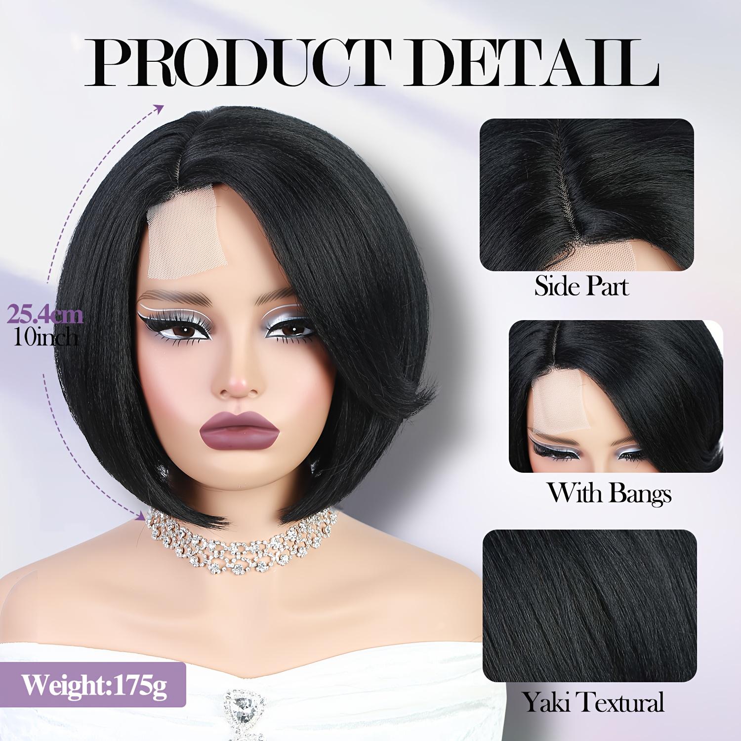Synthetic Short Bob Wig with a 4X1 Lace Side Part, Designed for Women. This Straight Black Wig Is Heat Resistant And Suitable for Everyday Wear, Parties, Or Cosplay