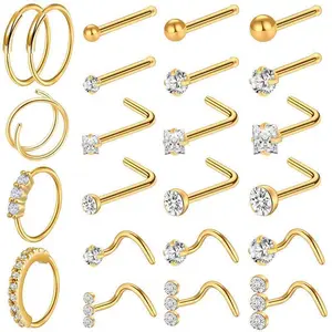 23 Pcs Gold Nose Rings For Women 18G/20G Nose Piercing Jewelry L Shape Nose Studs Stainless Steel Hoop