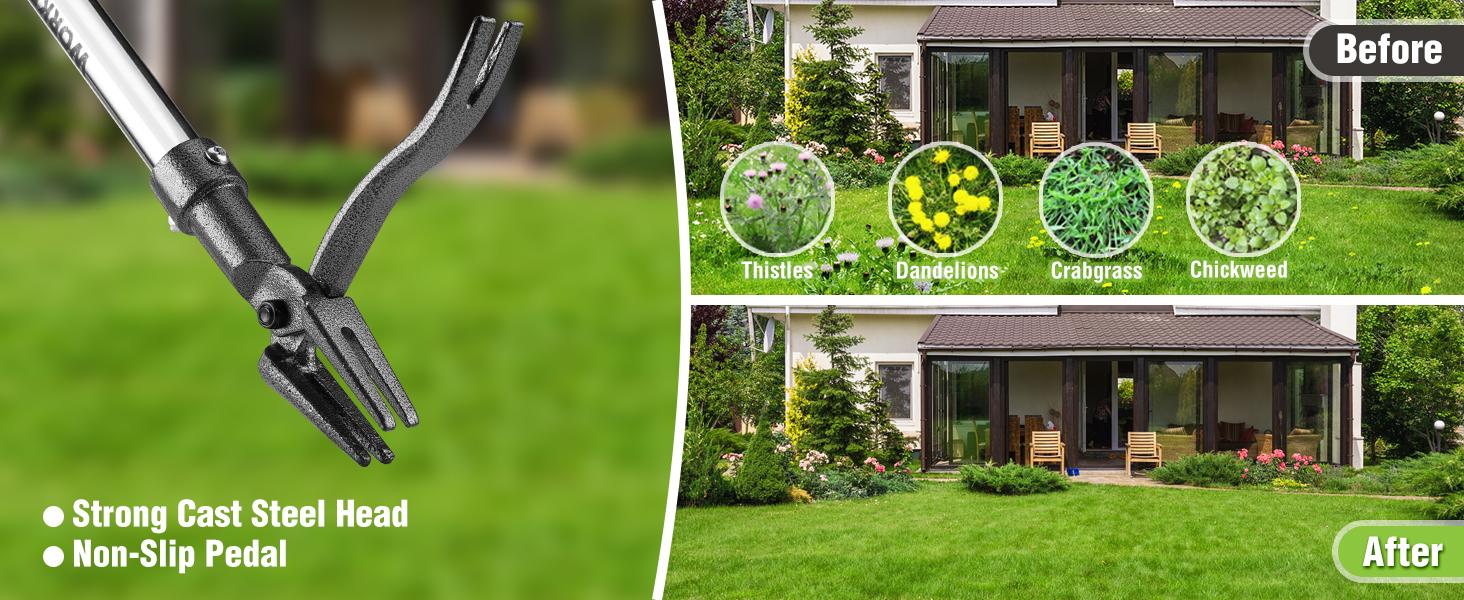 #fathersdaygift WORKPRO Weed Puller Tool with Long Adjustable Handle (33", 46"), Stand Up Heavy Duty Weed Remover- 4 Claw Steel Head & Foot Pedal for Easy Weeding, Detachable Dandelion Picker for Lawn/Yard/Garden