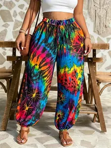 Plus Size Tie-Dye Harem Pants Casual Loose Fit Baggy Trousers, Y2K Clothes Summer Daily Wear, Trendy Bohemian Bottoms, Comfortable Relaxed Fit Casual Ensembles, Stylish Vibrant Pattern Detail Party Casual Wear