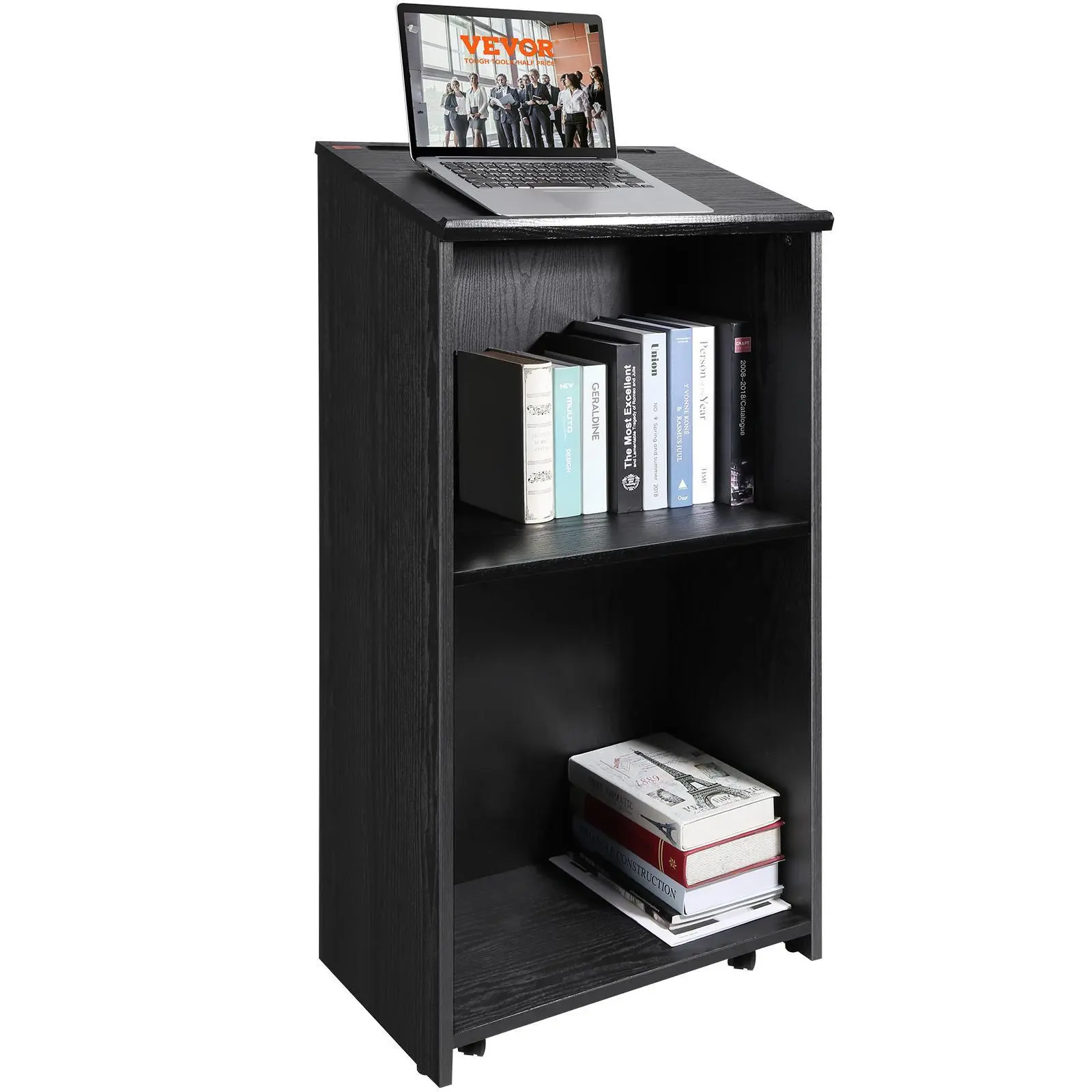 【summerfinds】VEVOR Podium Stand, 47 in Hostess Stand with 4 Rolling Wheels, Wood Podium with Storage Shelves, and Slant Desktop, Lecterns & Podiums for Church, Office, School, Home, Black