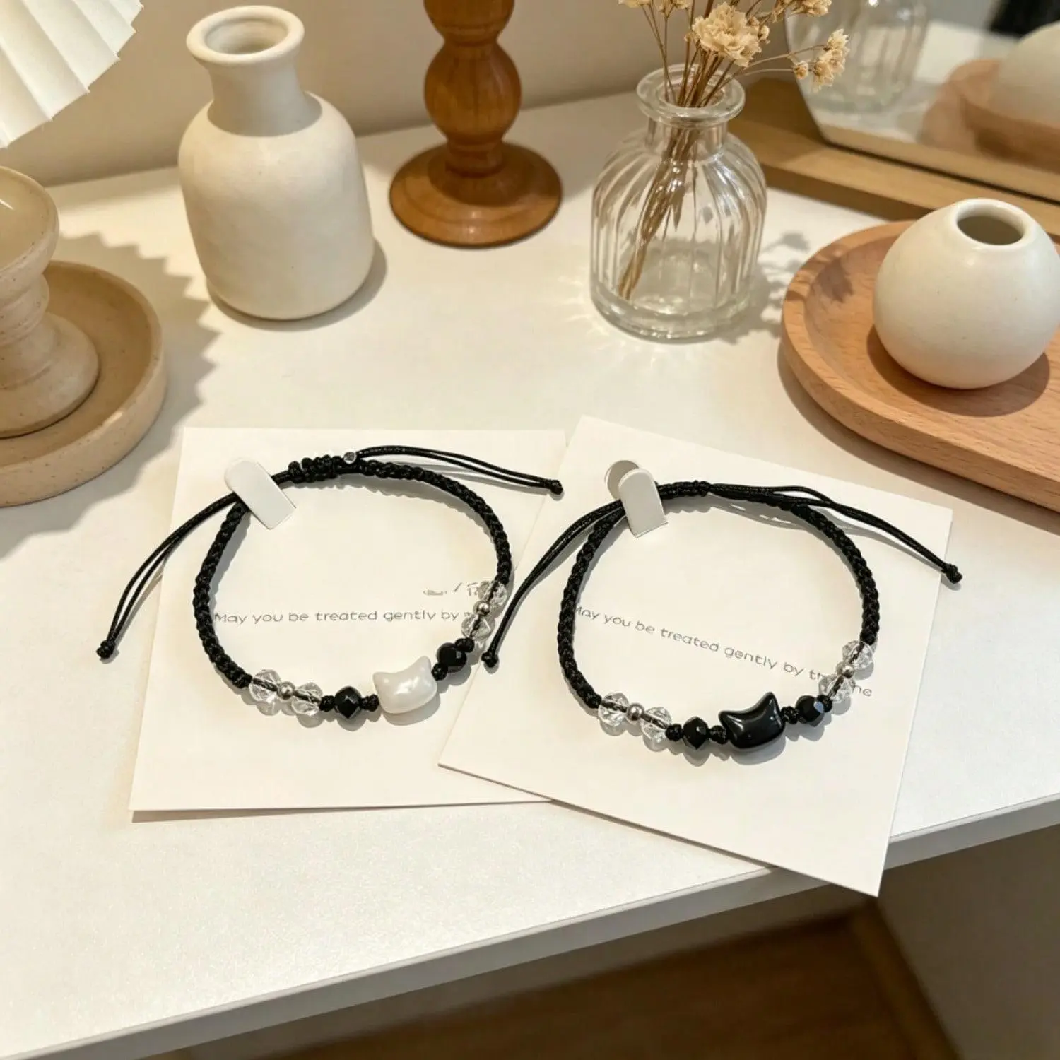 Romantic Elegant Cat Charm Couple Bracelet Set (2 Pcs) - Black & White Handwoven Rope, Adjustable Sliding Knot, Bead Accents, 15-25 cm, Anniversary Gift for Daily Wear, Romance