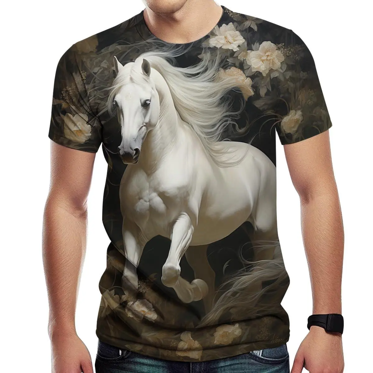 Women's 3D White Horse & Floral All-Over Print Short-Sleeve Crew Neck T-Shirt - Unisex Breathable Casual Streetwear Top (S to XXXL), Shortsleeve