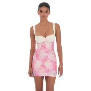 Two-Tone Floral Mesh Bodycon Dress in Pink