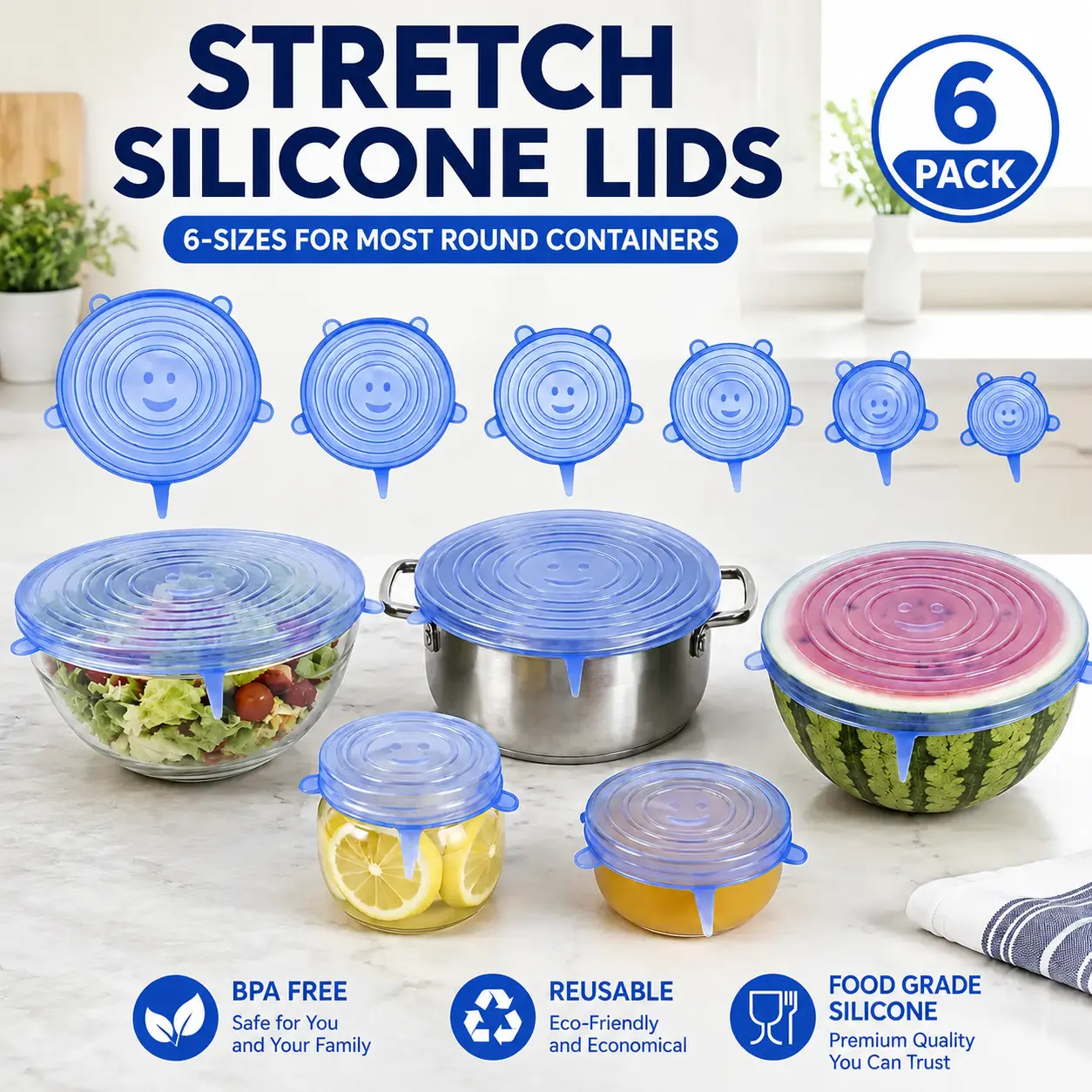 6-Pack Food-Grade Silicone Stretch Lids (2.6in, 3.7in, 4.3in, 5.5in, 6.3in, 7.7in) - BPA-Free Reusable Kitchen Covers for Bowls, Pots, Cups
