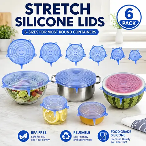 6-Pack Food-Grade Silicone Stretch Lids (2.6in, 3.7in, 4.3in, 5.5in, 6.3in, 7.7in) - BPA-Free Reusable Kitchen Covers for Bowls, Pots, Cups