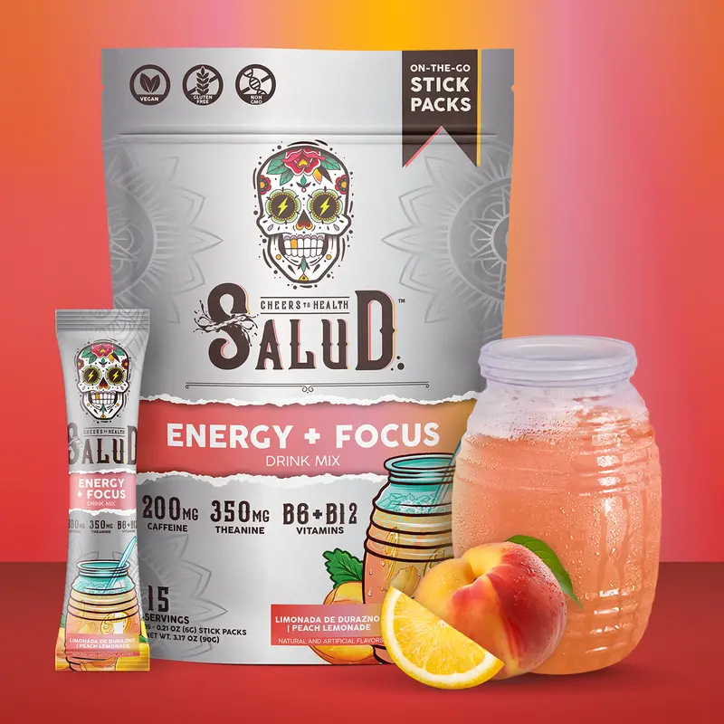 Salud 2-in-1 Energy Drink Powder + Focus, Peach Lemonade, Organic Caffeine, B6 + B12, Theanine, Clean Energy Drink Packets, Agua Fresca Mix, Non-GMO, Gluten Free, Vegan, 1g of Sugar, (15 Servings)