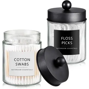 2-Pack Qtip Holder Dispenser - Glass  Jars with Rust-Proof Stainless Steel  - Modern Farmhouse Bathroom  Organizer for  Swabs, Balls, Pads(Black)