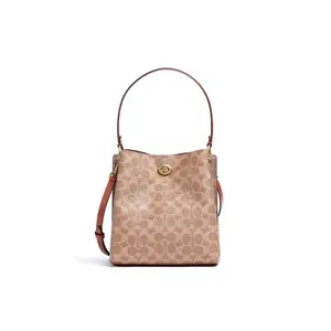 Coach Charlie 22 Monogram Canvas and Leather Crossbody Bucket Bag for Women, Small Size, Brown and Rust