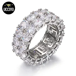 【#R34 】UCCIYO 2 Row VVS Synthetic Moissanite Tennis Rings For Women Men Shining Engagement Wedding Hip Hop Fine Jewelry 925 Sterling Silver Ring