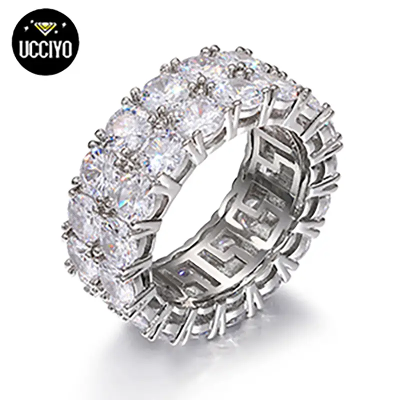 【#R34 】UCCIYO 2 Row VVS Synthetic Moissanite Tennis Rings For Women Men Shining Engagement Wedding Hip Hop Fine Jewelry 925 Sterling Silver Ring