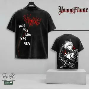 Retro washed T-shirts, anime print T-shirts, loose-fitting manga-style tops, Japanese retro streetwear, unisex casual wear for otaku, distressed style menswear. graphic tee vintage clothing covenant