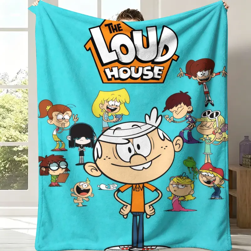 Nickelodeon The Loud House Official Fleece Blanket - Vibrant Turquoise Oversized Fabric, Lincoln Loud +10 Siblings Print, Orange House Logo, Lightweight, Stain Resistant, All Seasons Kids’ Rooms Decor Accent Cartoon Gift