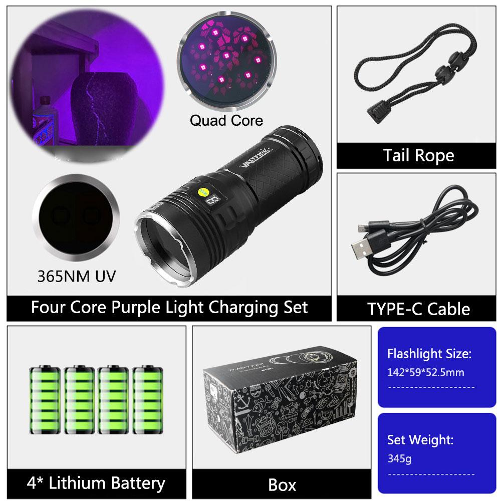 365 nm UV flashlight, USB rechargeable, high power black light, suitable for pet urine detection, resin curing, mineral identification, blood trail tracking, scorpion capture, rock treasure hunting, gemstone identification, and air conditioner leak detect