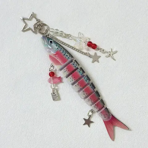 Aesthetic Jointed Fish Keychain Star Beaded Decor, Creative Fishing Lure Key Charm for Fishermen, Versatile Phone & Bag Pendant, Unisex Backpack Wallet Accessory, Unique Christmas Thanksgiving Holiday Gift for Fishing Lovers
