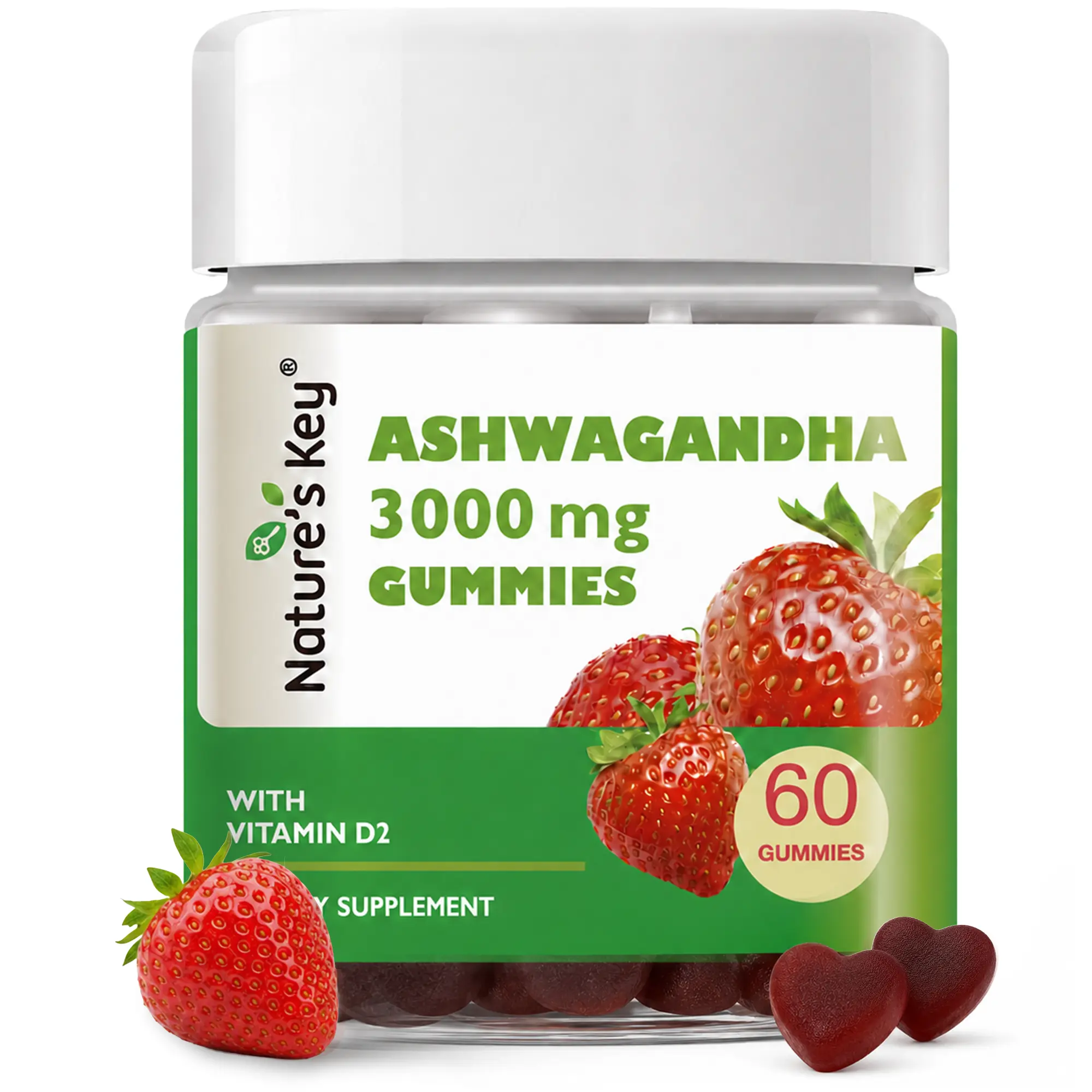 [back to school] Nature's Key Ashwagandha Gummies, 3000mg Ashwagandha Root Extract with Vitamin D2, Strawberry Flavor, 60 Count, Vegan Daily Wellness Supplement Chewable Supplement