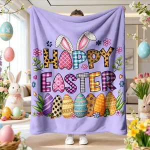 Easter Egg Bunny Festive Theme Blanket, High-Weight Flannel Fabric, Soft and Warm, Anti-Wrinkle, Easy Clean, Perfect Gift for Holidays, Flannel Throw Blankets