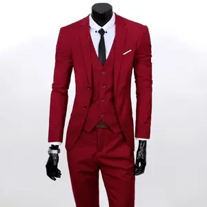 Men’s three-piece suit set — British casual business style for weddings; slim and handsome fit; summer cotton fabric; menswear buckle