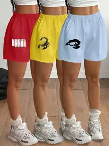 2026 Spring Summer Women's Fashion Y2K Sweet Cool Print Leggings, Casual Home Light Gym Workout Impact Shorts Set, Elastic Waist Side Pockets, Stretch Skinny Workout Shorts