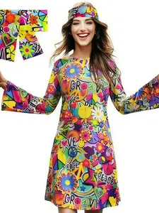 60s Hippie Style Colorful Print Bell Sleeve Dress, Vintage Peace & Love Party, Retro Fashion for Women