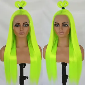 Vibrant Lime Green 26" Long Straight Synthetic Wig for Women - Glueless with Versatile 13x4 Free Parting Lace Front, High-Density 180%, Ideal for Daily Use & Cosplay