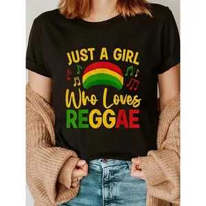 Women's Reggae Music Graphic T-Shirt 100% Cotton Crew Neck Casual Tee with Rasta Jamaican Flag Colors & "Just a Who Loves Reggae" Slogan for Summer Festival Music Fans Comfortable Fit Vibrant Design