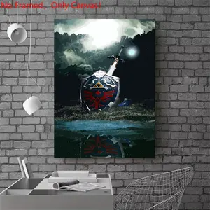 1 piece/set frameless canvas painting print poster, Game Poster art，Zelda's Shield and Sword in Field，a perfect gift for Video games loves, ideal gift for bedroom, living room, dorm hallway, kitchen, mural, wall decoration, room decor