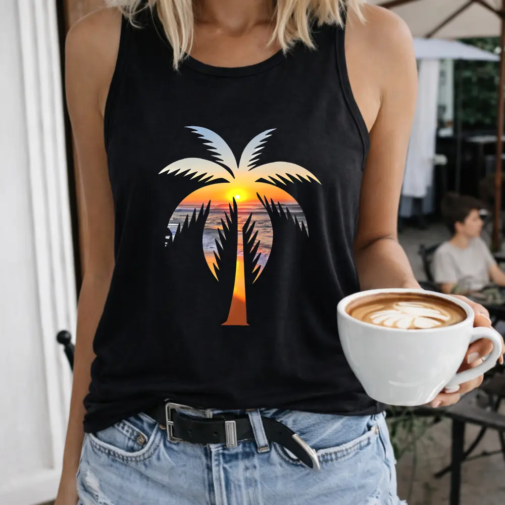 Women's Streetwear Palm Tree Sunset Sky Ocean Crew-Neck T-Shirt - Soft Fabric Pullover, Sleeveless Vest, Outdoor Casual, Matching Top, Tshirt